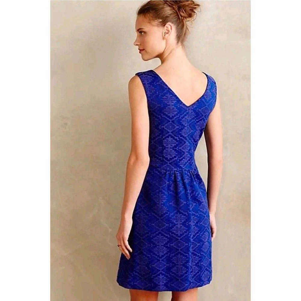 Anthropologie Maeve Averie Blue Jacquard Fit & Flare Sleeveless Dress Sz 2